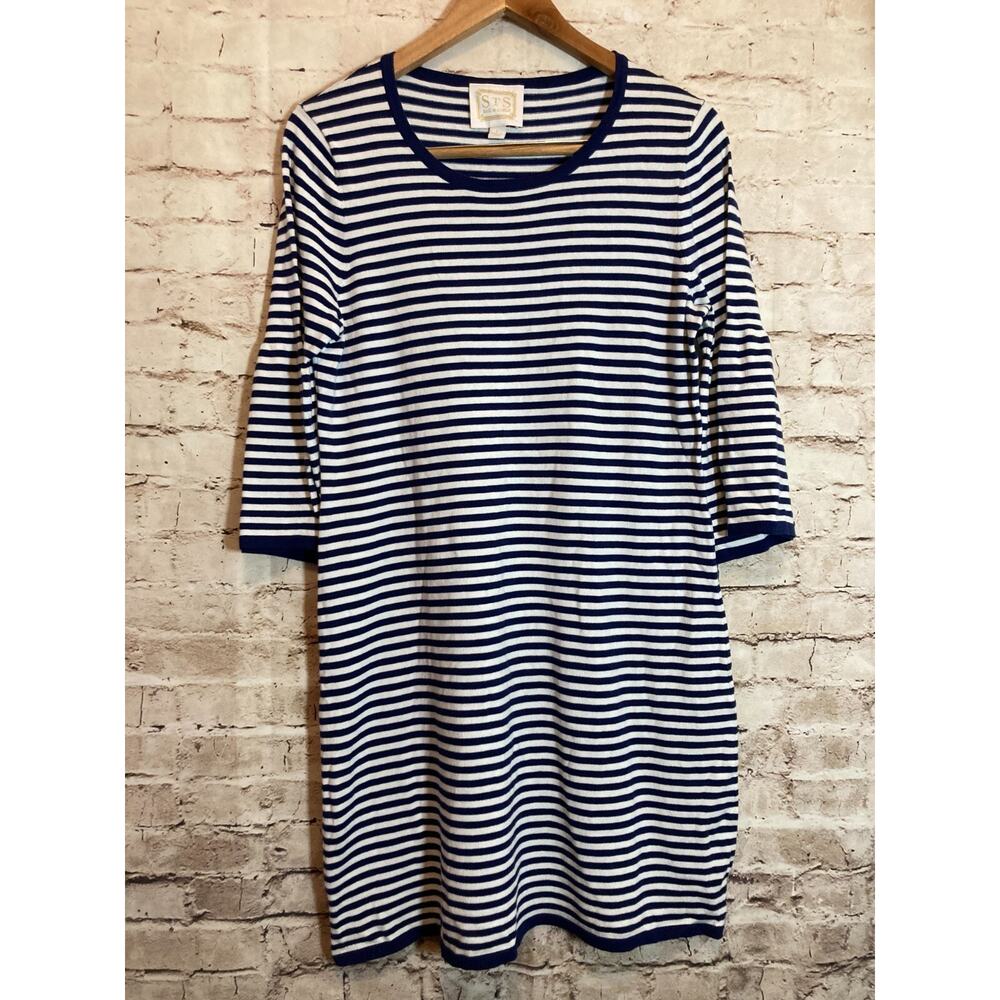 Sail To Sable Dress‎ Womens Large Nautical Navy Striped Bell Sleeve Stretch